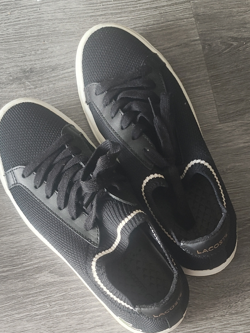Lacoste Women's Black Knit Low-Top Sneakers with White Trim